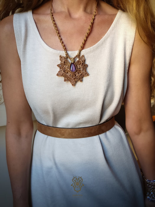 Mandala macrame pendant with Amethyst stone, Tribal macrame necklace