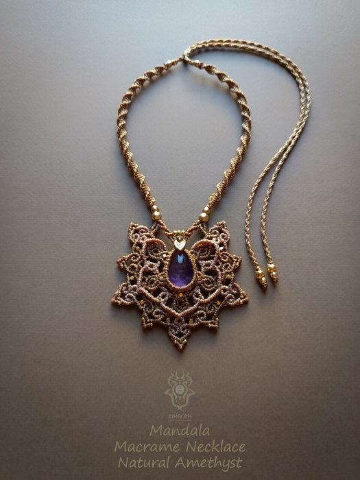 Mandala macrame pendant with Amethyst stone, Tribal macrame necklace
