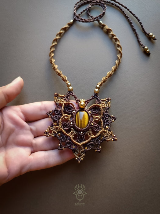 Bohemian macrame necklace with Tiger's eye, Mandala pendant