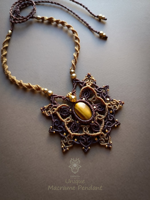 Bohemian macrame necklace with Tiger's eye, Mandala pendant