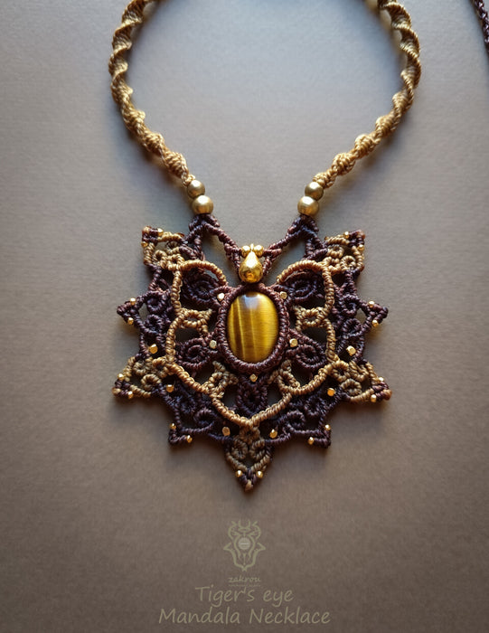 Bohemian macrame necklace with Tiger's eye, Mandala pendant