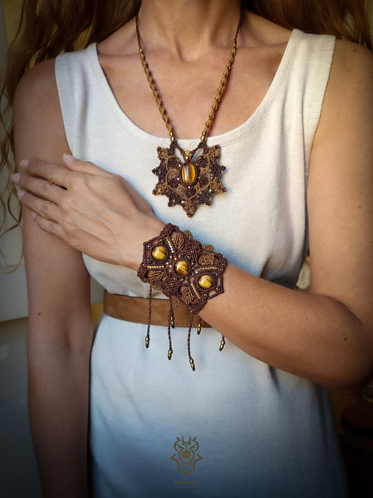 Bohemian macrame necklace with Tiger's eye, Mandala pendant