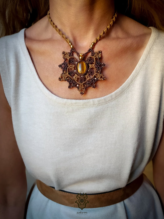Bohemian macrame necklace with Tiger's eye, Mandala pendant