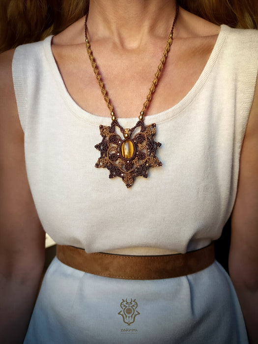 Bohemian macrame necklace with Tiger's eye, Mandala pendant