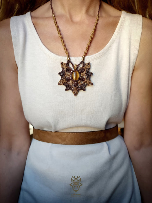Bohemian macrame necklace with Tiger's eye, Mandala pendant