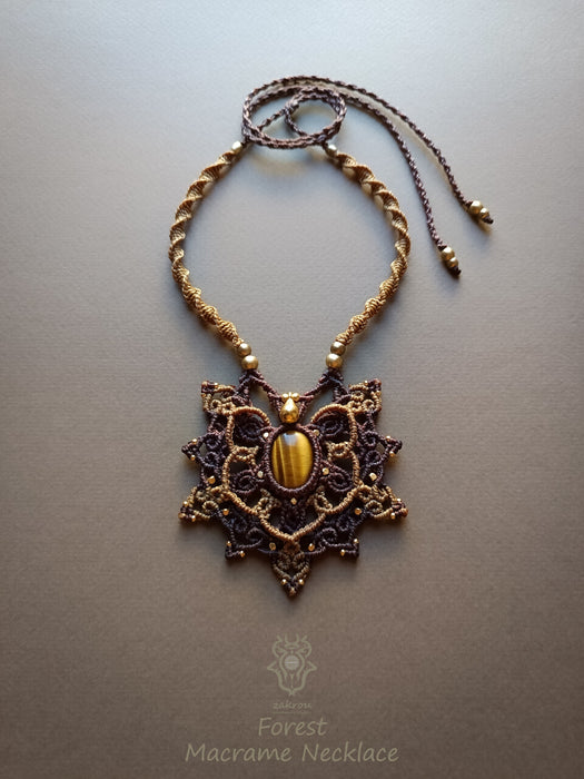 Bohemian macrame necklace with Tiger's eye, Mandala pendant