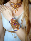 Tiger's eye macrame choker necklace with gold beads & drops, Beaded micromacrame jewelry