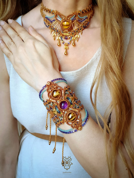 Tiger's eye macrame choker necklace with gold beads & drops, Beaded micromacrame jewelry