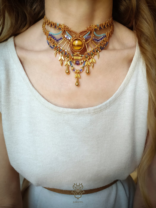 Tiger's eye macrame choker necklace with gold beads & drops, Beaded micromacrame jewelry