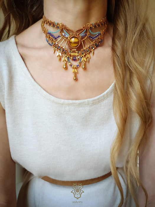Tiger's eye macrame choker necklace with gold beads & drops, Beaded micromacrame jewelry