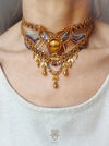 Tiger's eye macrame choker necklace with gold beads & drops, Beaded micromacrame jewelry