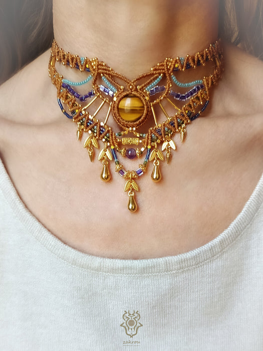 Tiger's eye macrame choker necklace with gold beads & drops, Beaded micromacrame jewelry