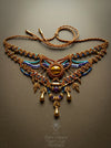 Tiger's eye macrame choker necklace with gold beads & drops, Beaded micromacrame jewelry