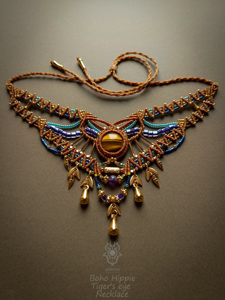 Tiger's eye macrame choker necklace with gold beads & drops, Beaded micromacrame jewelry