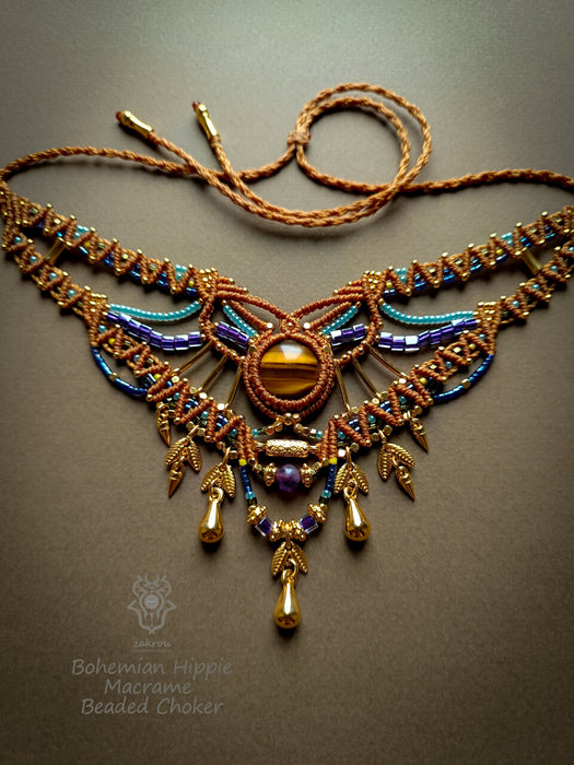 Tiger's eye macrame choker necklace with gold beads & drops, Beaded micromacrame jewelry