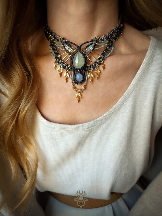 Prehnite & Chalcedony macrame tribal necklace, Ethnic macrame party choker