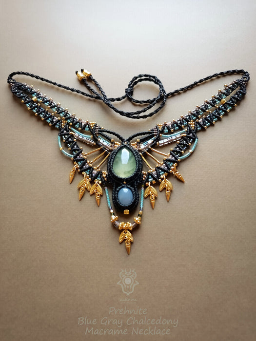 Prehnite & Chalcedony macrame tribal necklace, Ethnic macrame party choker