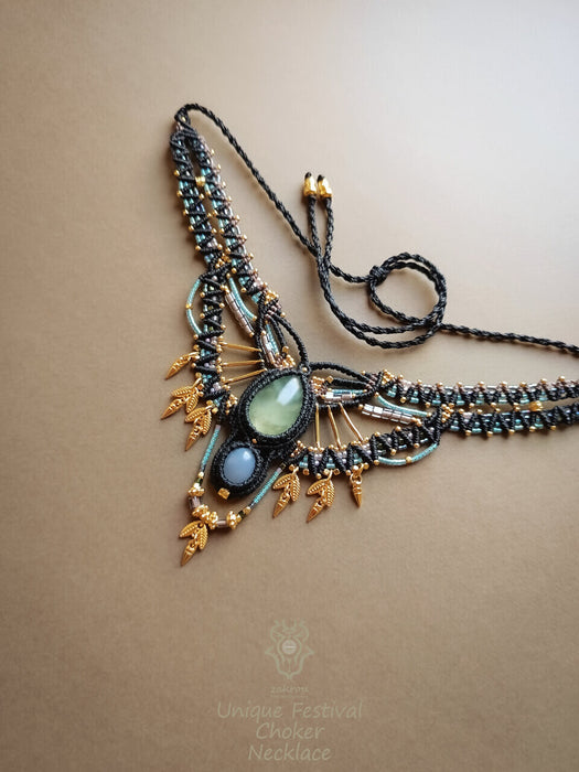 Prehnite & Chalcedony macrame tribal necklace, Ethnic macrame party choker