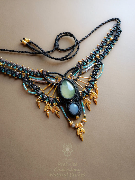 Prehnite & Chalcedony macrame tribal necklace, Ethnic macrame party choker