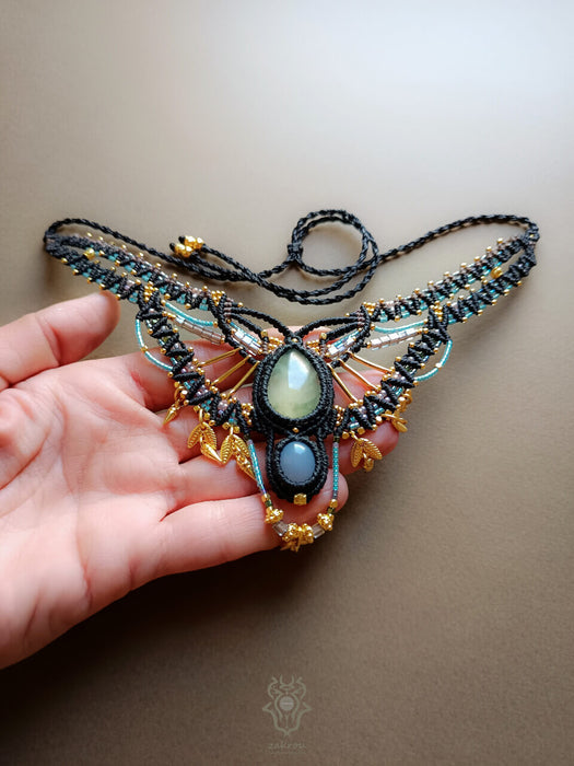 Prehnite & Chalcedony macrame tribal necklace, Ethnic macrame party choker