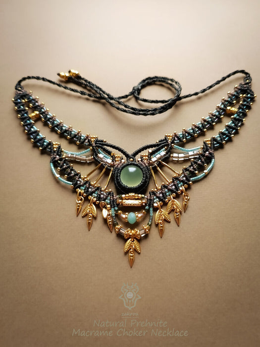 Prehnite macrame tribal necklace, Beaded choker necklace native design