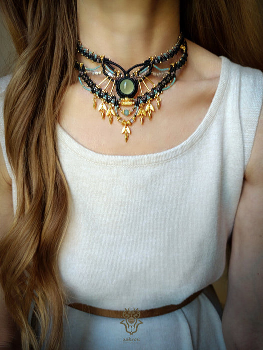 Prehnite macrame tribal necklace, Beaded choker necklace native design