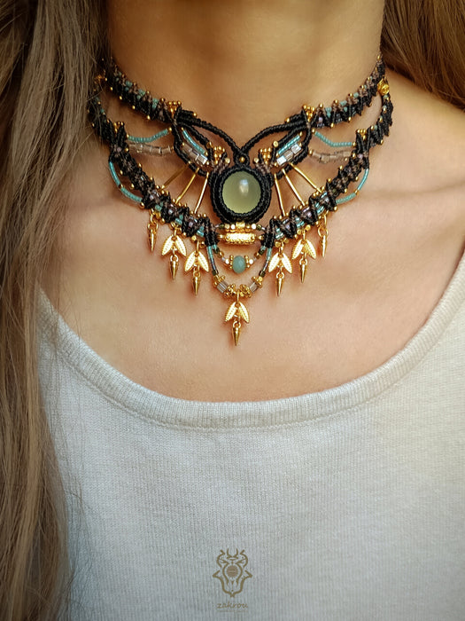 Prehnite macrame tribal necklace, Beaded choker necklace native design