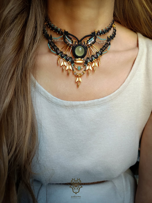 Prehnite macrame tribal necklace, Beaded choker necklace native design