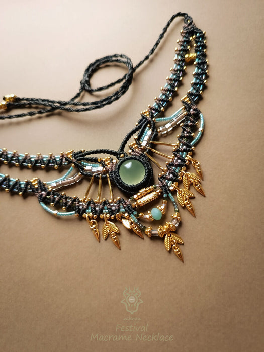 Prehnite macrame tribal necklace, Beaded choker necklace native design