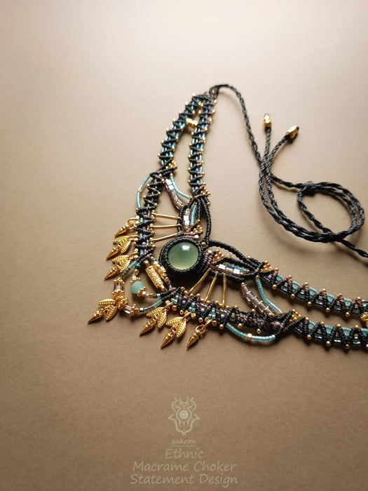 Prehnite macrame tribal necklace, Beaded choker necklace native design