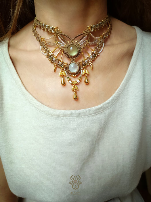 Boho hippie macrame choker necklace with Moonstone & Prehnite, Elegant party jewel