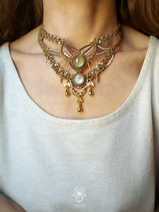 Tribal macrame choker necklace with Moonstone & Prehnite, Unique macrame jewelry