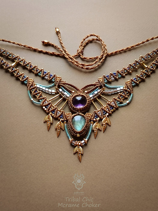 Labradorite Amethyst macrame tribal necklace, Ethnic chic choker necklace