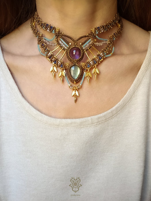 Labradorite Amethyst macrame tribal necklace, Ethnic chic choker necklace