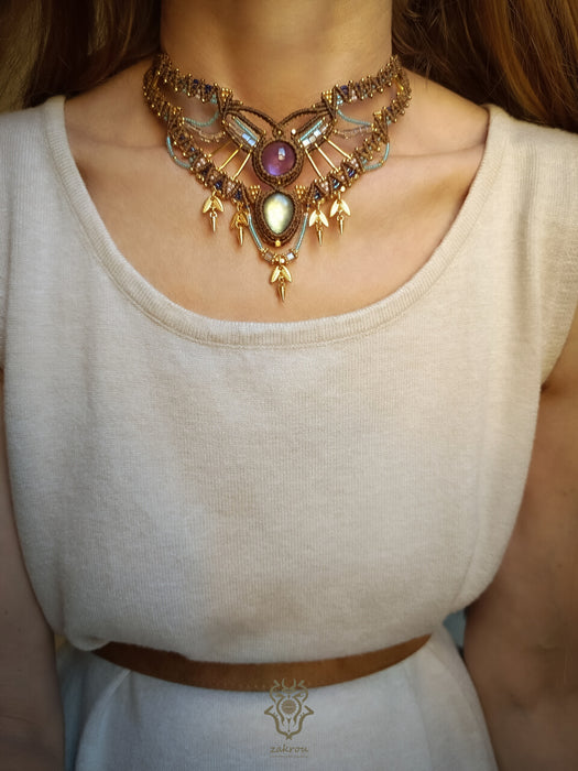 Labradorite Amethyst macrame tribal necklace, Ethnic chic choker necklace