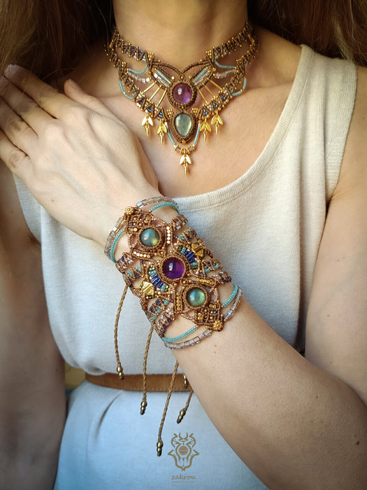 Labradorite Amethyst macrame tribal necklace, Ethnic chic choker necklace