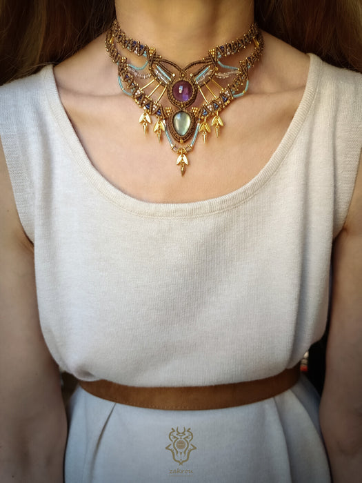 Labradorite Amethyst macrame tribal necklace, Ethnic chic choker necklace