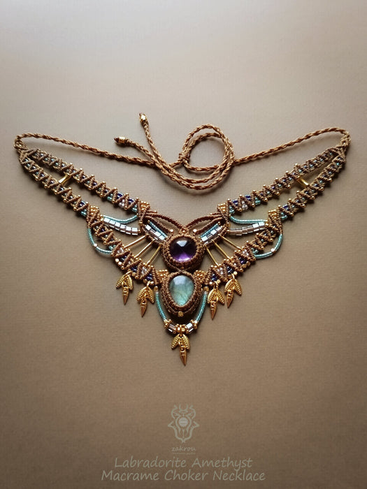 Labradorite Amethyst macrame tribal necklace, Ethnic chic choker necklace