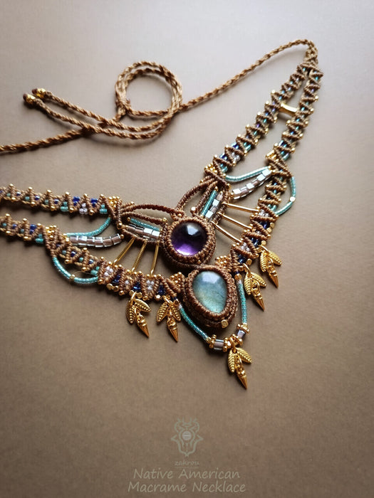 Labradorite Amethyst macrame tribal necklace, Ethnic chic choker necklace