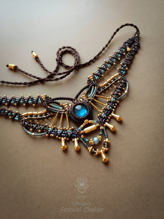 Labradorite macrame necklace with smoky Quartz beads, Tribal chic choker necklace