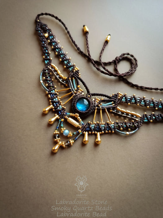 Labradorite macrame necklace with smoky Quartz beads, Tribal chic choker necklace