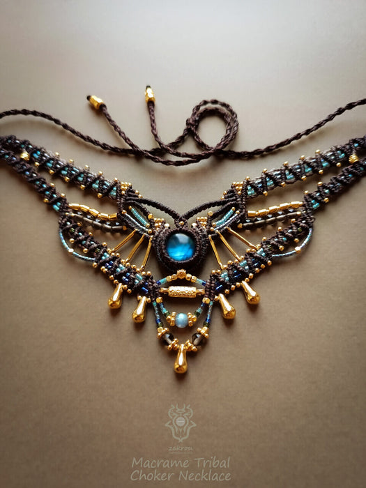 Labradorite macrame necklace with smoky Quartz beads, Tribal chic choker necklace