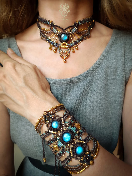 Labradorite macrame necklace with smoky Quartz beads, Tribal chic choker necklace