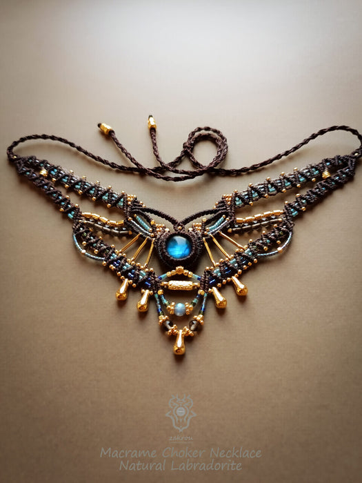 Labradorite macrame necklace with smoky Quartz beads, Tribal chic choker necklace