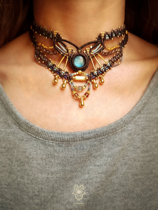 Labradorite macrame necklace with smoky Quartz beads, Tribal chic choker necklace