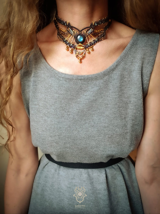 Labradorite macrame necklace with smoky Quartz beads, Tribal chic choker necklace