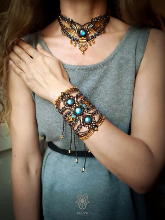 Labradorite macrame necklace with smoky Quartz beads, Tribal chic choker necklace
