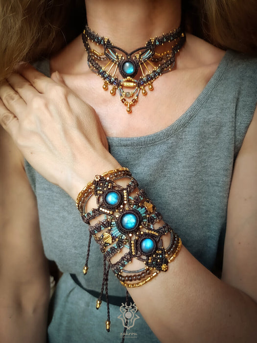 Labradorite macrame necklace with smoky Quartz beads, Tribal chic choker necklace