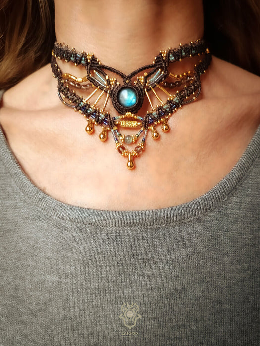 Labradorite macrame necklace with smoky Quartz beads, Tribal chic choker necklace