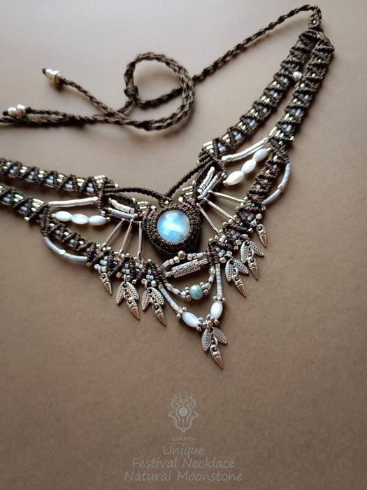 Moonstone macrame choker necklace with fildisi pearls, Party necklace tribal style